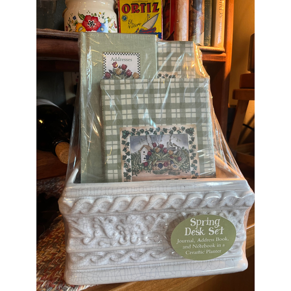 Vintage Cottagecore Desk Set w Ceramic Planter – Floral Garden Stationery Organi - Picture 3 of 6